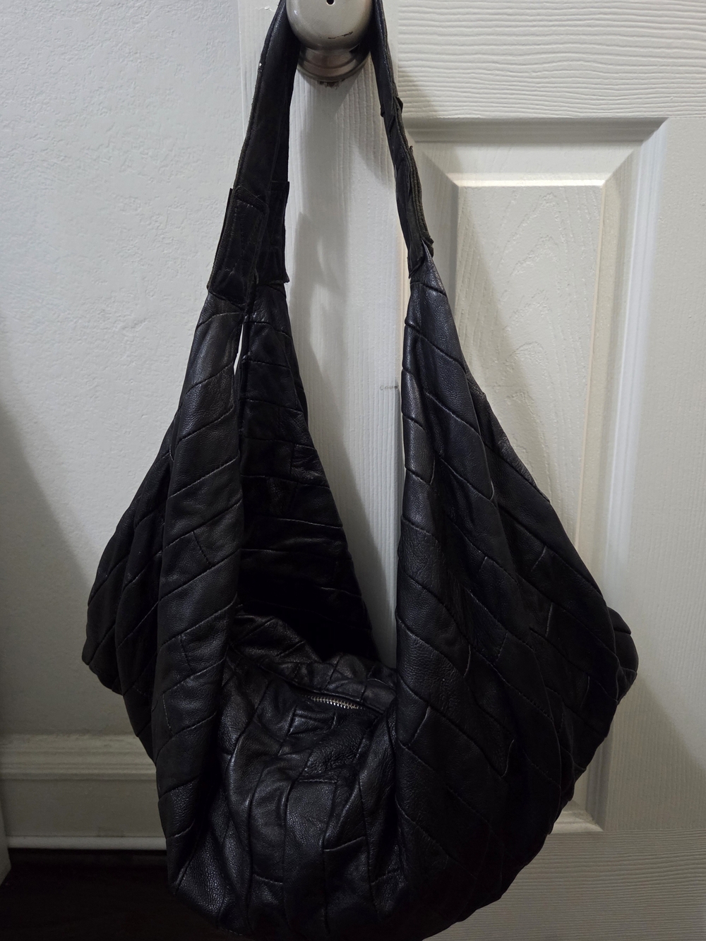 Genuine Leather Patchwork Hobo Bag — Black Deconstructed Style Slouchy Shoulder